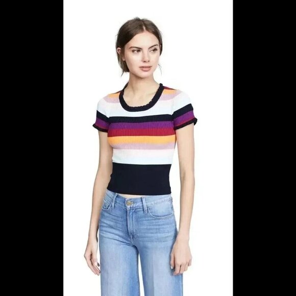 CINQ À SEPT Nicolette Stripe Ribbed Top In Rainbow SIZE MEDIUM - Picture 2 of 10